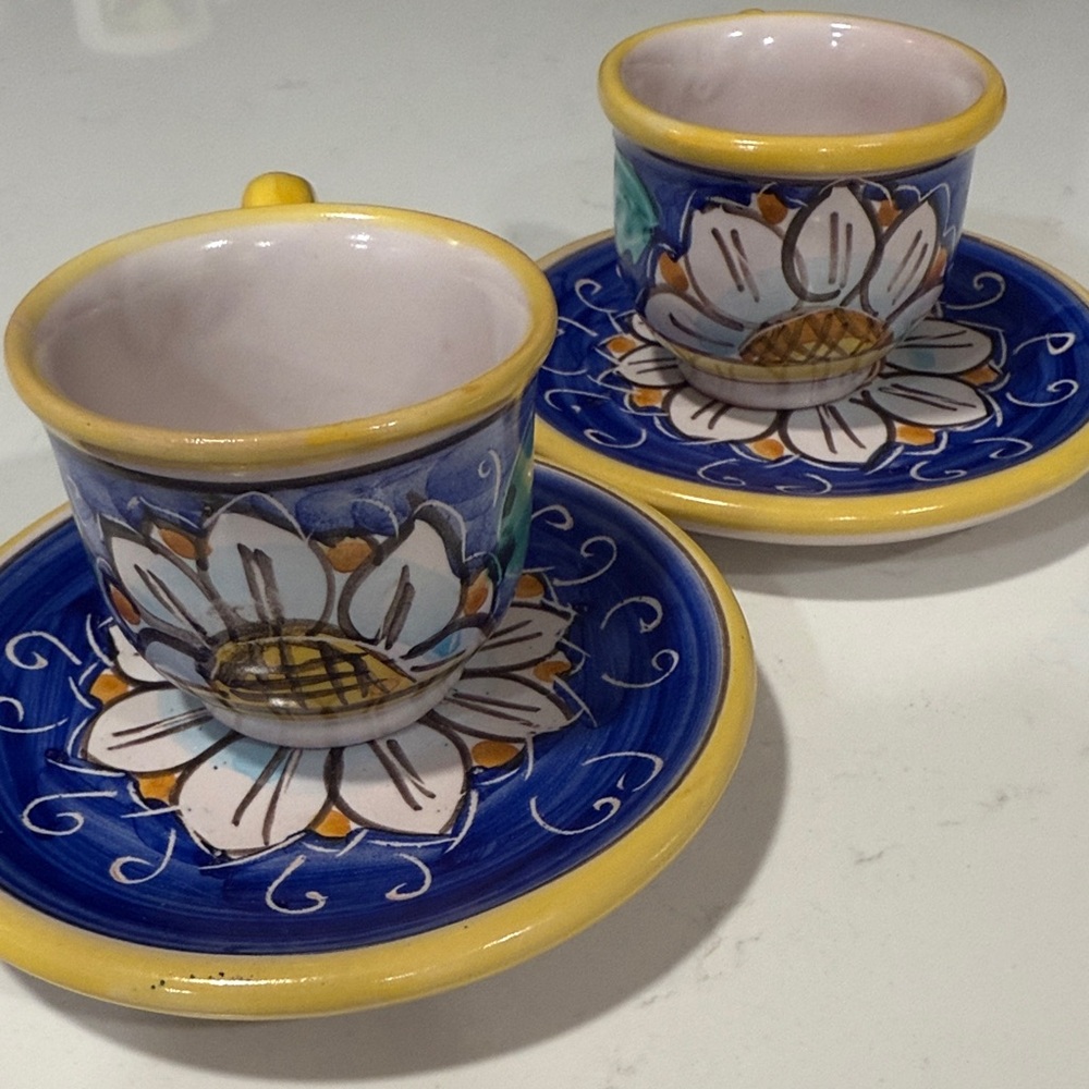 2 Hand-Painted Sicilian Espresso Cups and Saucers